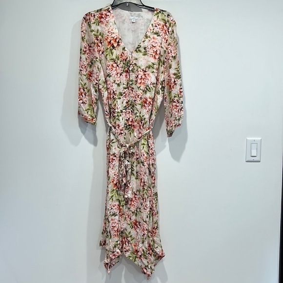 J Jill Dress Women Midi V- Neck 3/4 Sleeves Floral Elastic Waist Tie dress large - Picture 2 of 10
